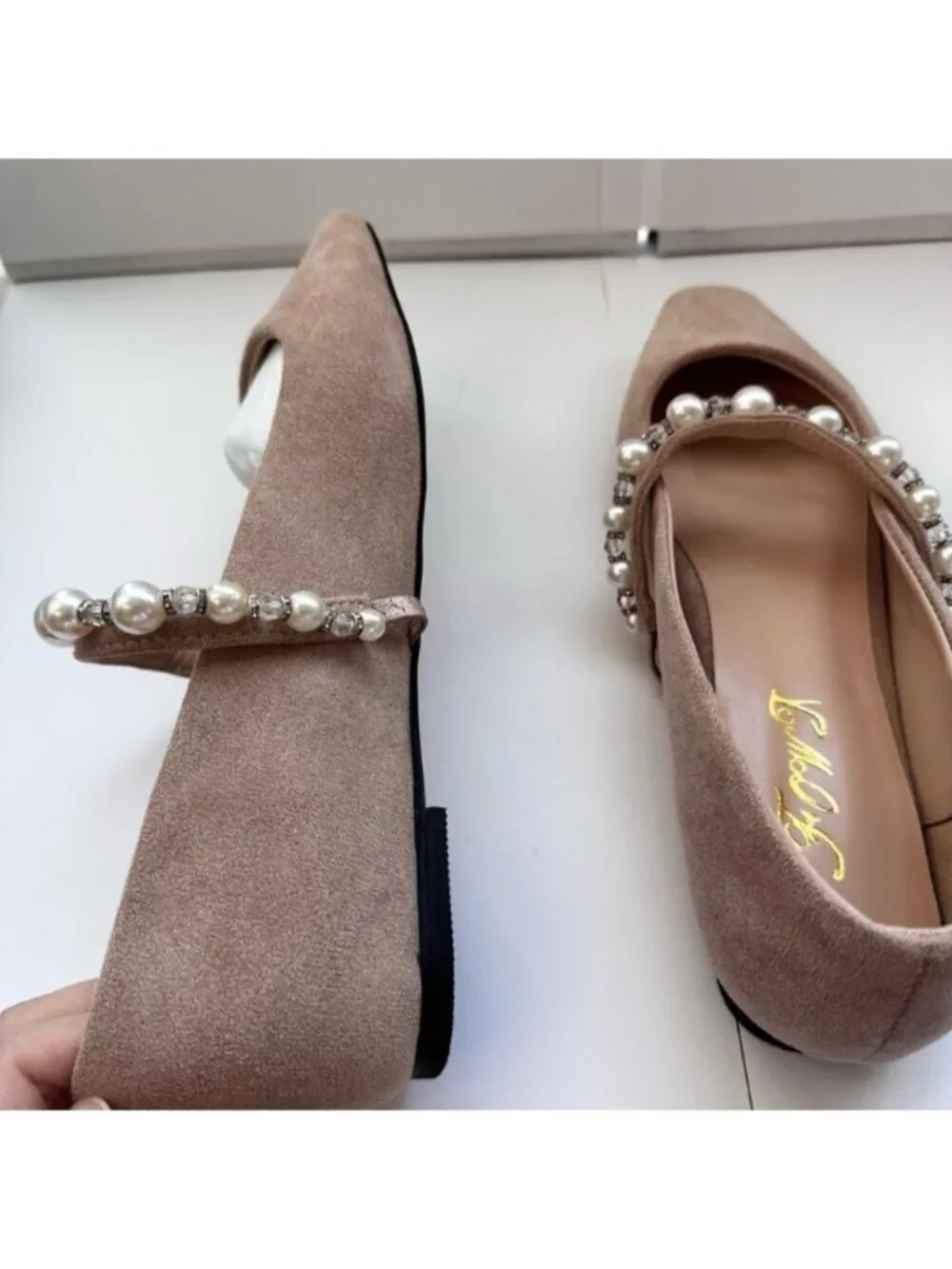 Women Slip on Pearl Strap FOWT Size 10 Flats Beige